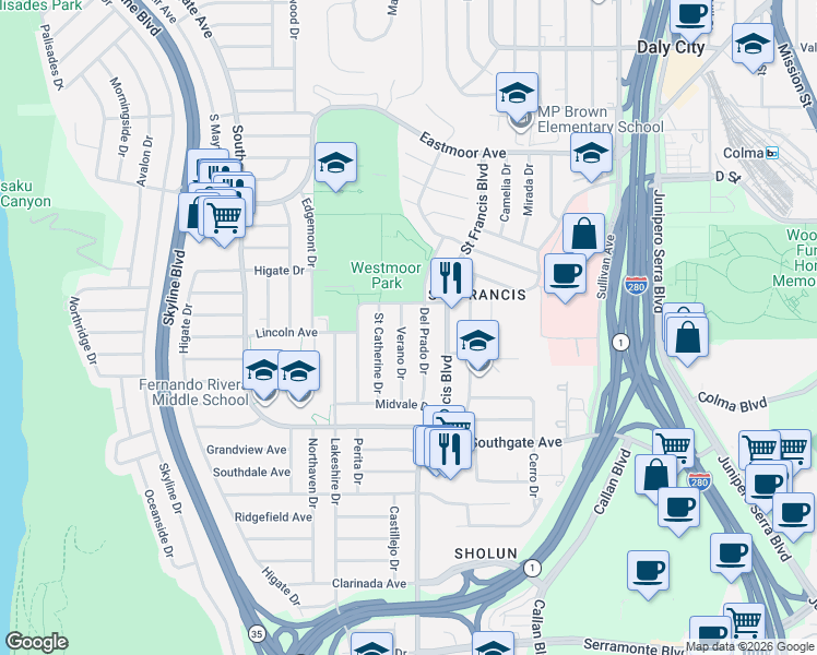 map of restaurants, bars, coffee shops, grocery stores, and more near 240 Verano Drive in Daly City