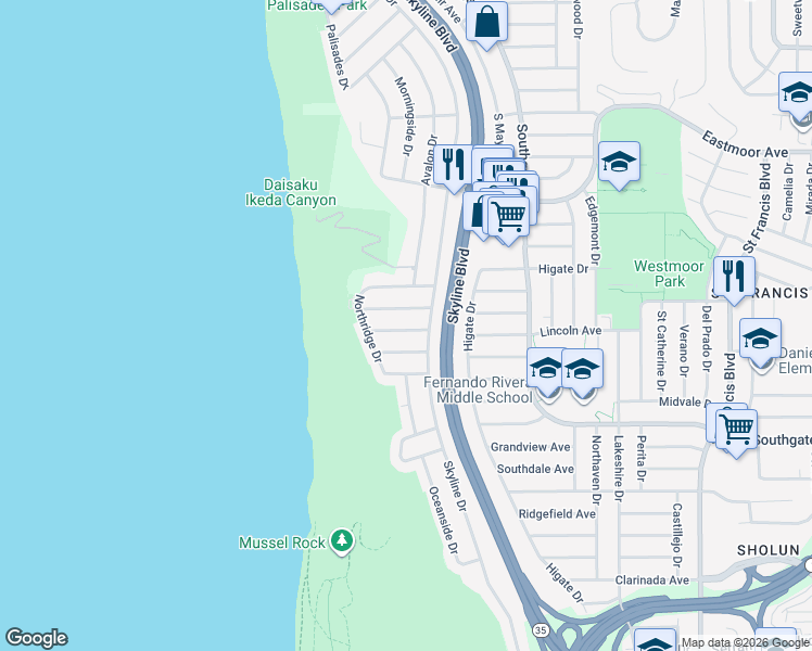 map of restaurants, bars, coffee shops, grocery stores, and more near 20 Eaton Avenue in Daly City