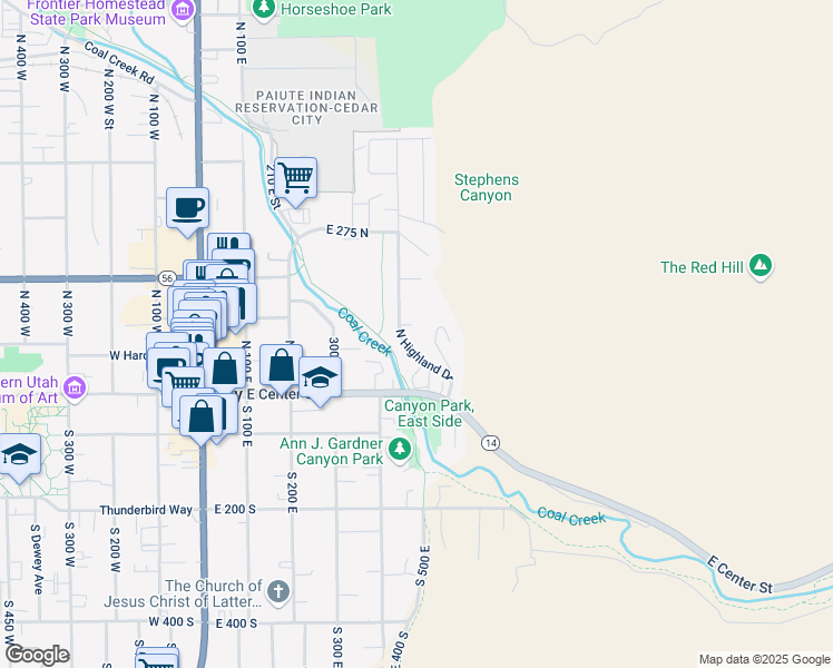 map of restaurants, bars, coffee shops, grocery stores, and more near 450 Hillside Place in Cedar City