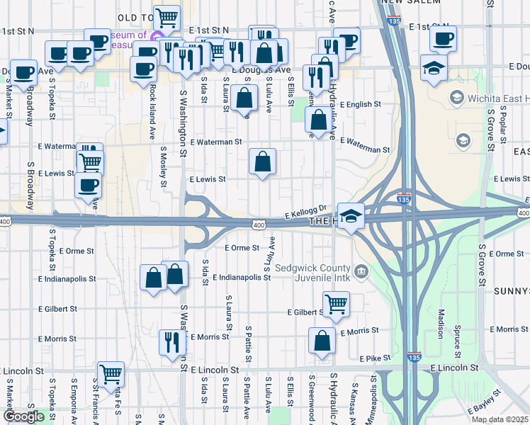 map of restaurants, bars, coffee shops, grocery stores, and more near 1328 East Kellogg Drive South in Wichita