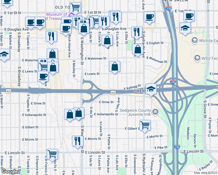 map of restaurants, bars, coffee shops, grocery stores, and more near 1220 East Kellogg Drive North in Wichita
