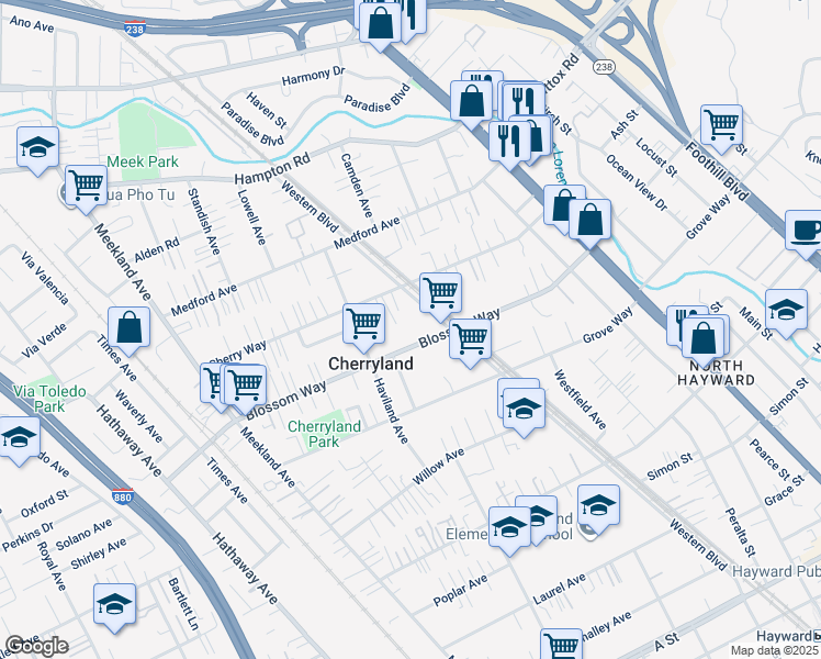 map of restaurants, bars, coffee shops, grocery stores, and more near 550 Blossom Way in Hayward