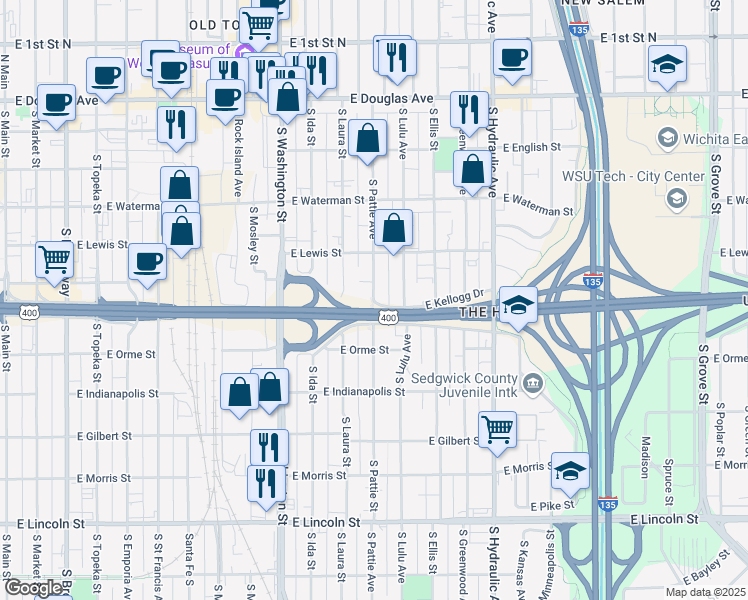 map of restaurants, bars, coffee shops, grocery stores, and more near 1220 East Kellogg Drive North in Wichita