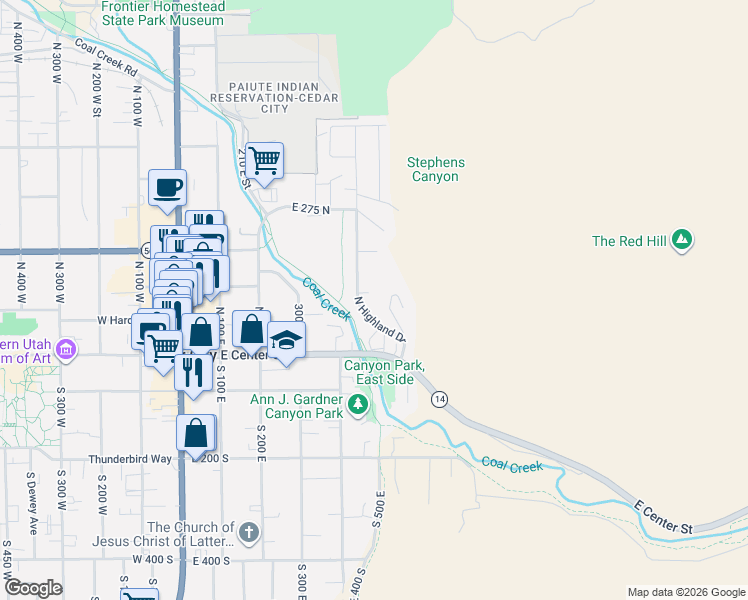map of restaurants, bars, coffee shops, grocery stores, and more near 450 Hillside Place in Cedar City