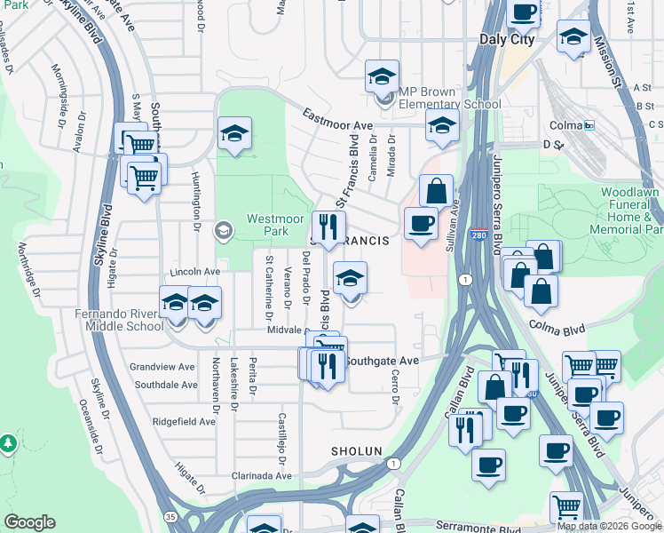 map of restaurants, bars, coffee shops, grocery stores, and more near 339 Saint Francis Boulevard in Daly City
