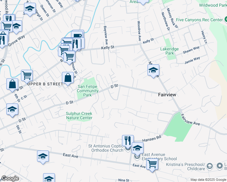 map of restaurants, bars, coffee shops, grocery stores, and more near 2333 D Street in Hayward