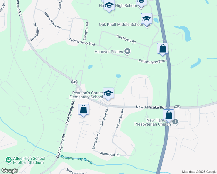 map of restaurants, bars, coffee shops, grocery stores, and more near 8290 New Ashcake Road in Mechanicsville