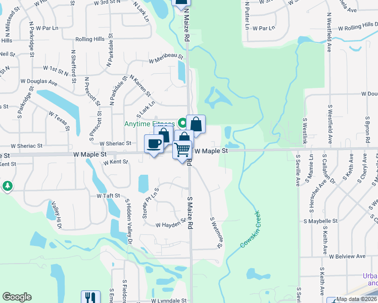 map of restaurants, bars, coffee shops, grocery stores, and more near S Maize Rd & Maple St in Wichita