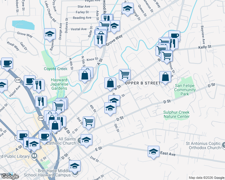 map of restaurants, bars, coffee shops, grocery stores, and more near 22599 6th Street in Hayward