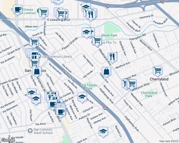 map of restaurants, bars, coffee shops, grocery stores, and more near 17947 Via Valencia in San Lorenzo
