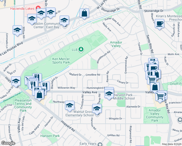 map of restaurants, bars, coffee shops, grocery stores, and more near 2456 Crestline Road in Pleasanton