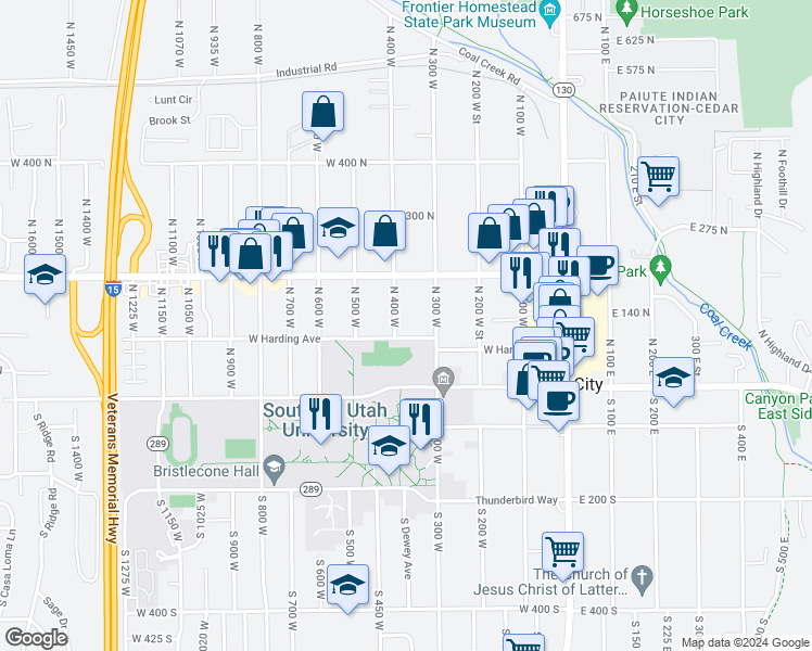 map of restaurants, bars, coffee shops, grocery stores, and more near 152 North 400 West in Cedar City