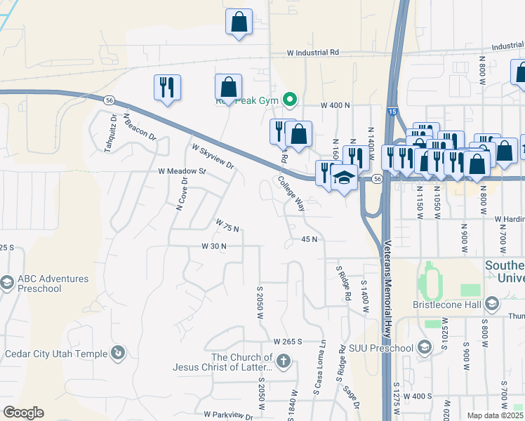 map of restaurants, bars, coffee shops, grocery stores, and more near 101 North 1850 West in Cedar City
