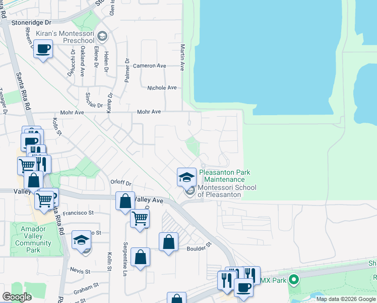 map of restaurants, bars, coffee shops, grocery stores, and more near 3358 Ledgestone Court in Pleasanton