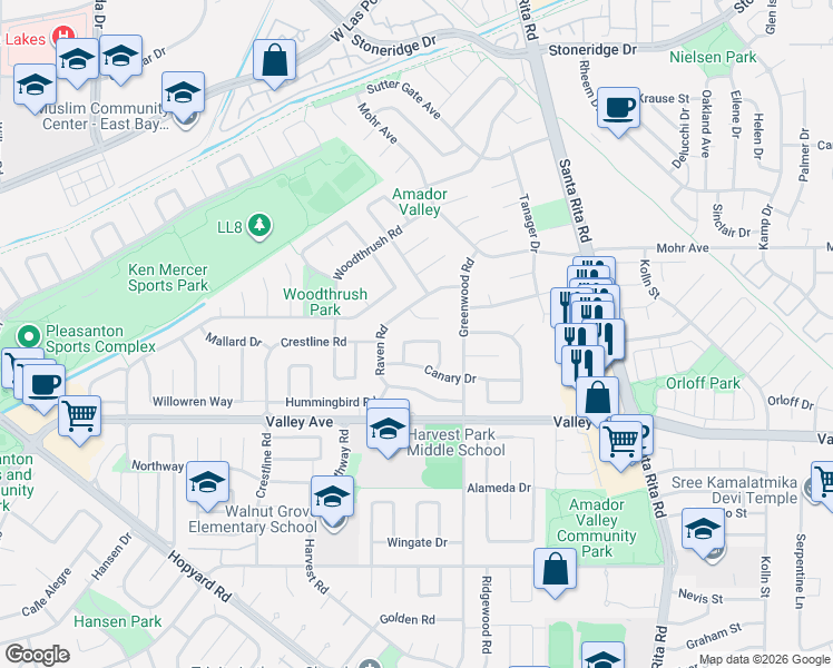 map of restaurants, bars, coffee shops, grocery stores, and more near 2457 Raven Road in Pleasanton
