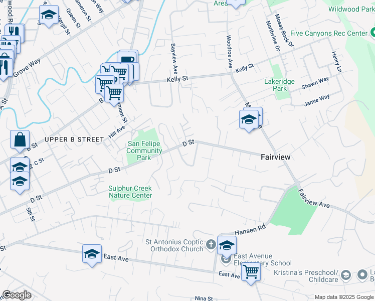 map of restaurants, bars, coffee shops, grocery stores, and more near 2333 D Street in Hayward