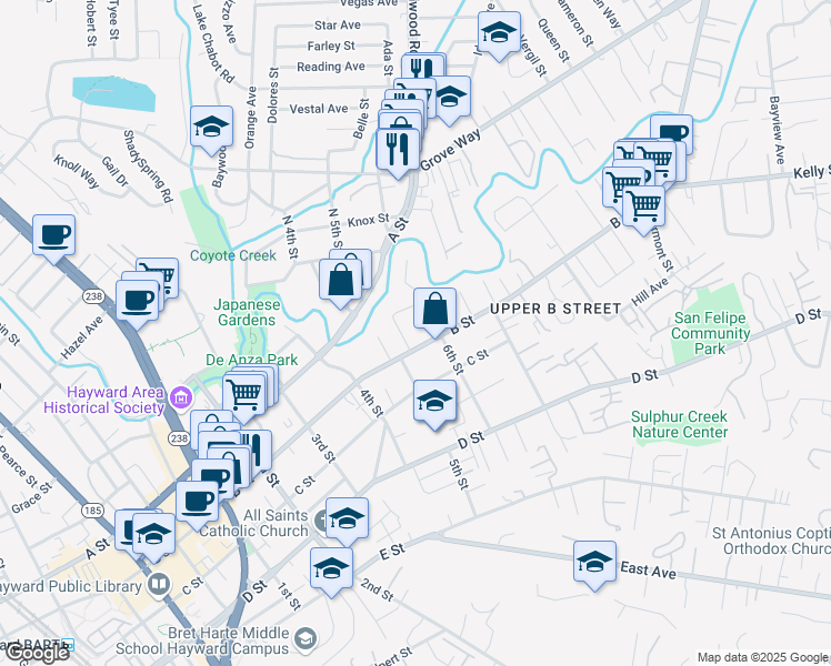 map of restaurants, bars, coffee shops, grocery stores, and more near 22573 6th Street in Hayward