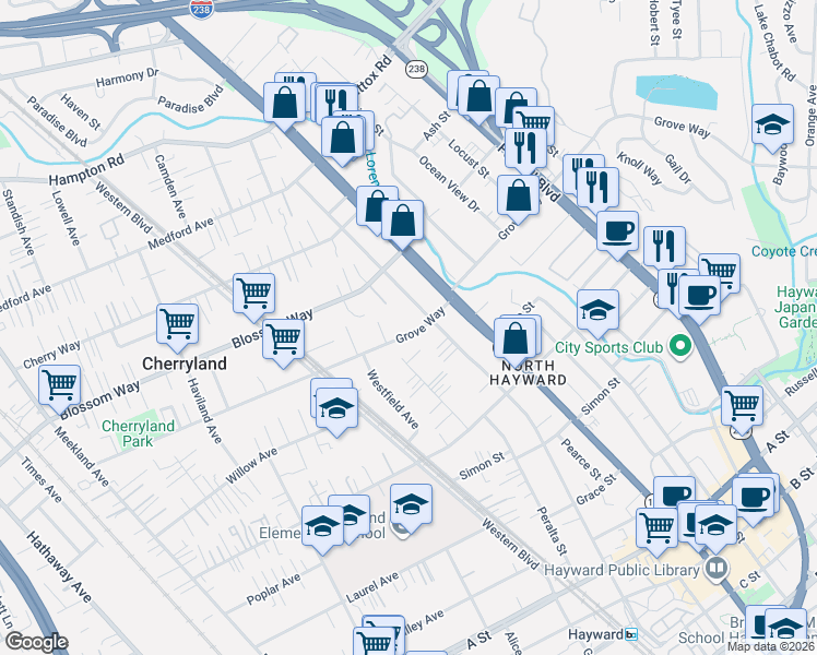 map of restaurants, bars, coffee shops, grocery stores, and more near 21457 Montgomery Avenue in Hayward