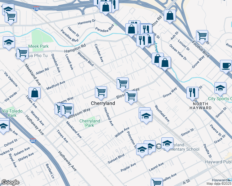 map of restaurants, bars, coffee shops, grocery stores, and more near 21051 Western Boulevard in Hayward