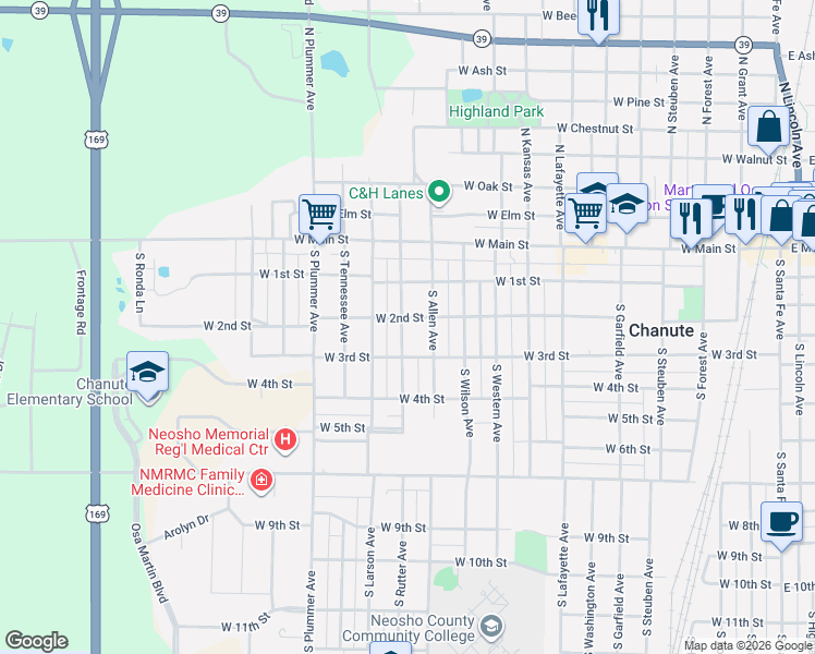 map of restaurants, bars, coffee shops, grocery stores, and more near 101-199 South Rutter Avenue in Chanute