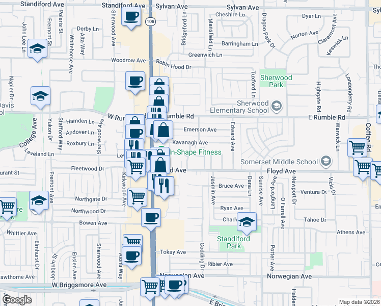 map of restaurants, bars, coffee shops, grocery stores, and more near 2700 Mac Dougal Street in Modesto