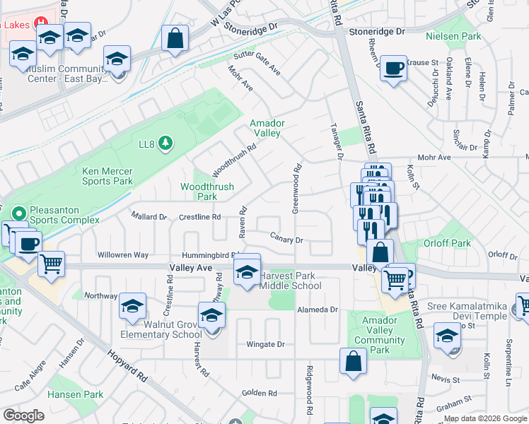 map of restaurants, bars, coffee shops, grocery stores, and more near 2457 Raven Road in Pleasanton