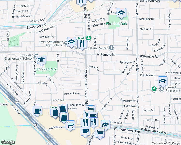 map of restaurants, bars, coffee shops, grocery stores, and more near 2606 Chester Drive in Modesto