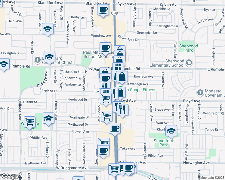 map of restaurants, bars, coffee shops, grocery stores, and more near 2727-2799 McHenry Avenue in Modesto