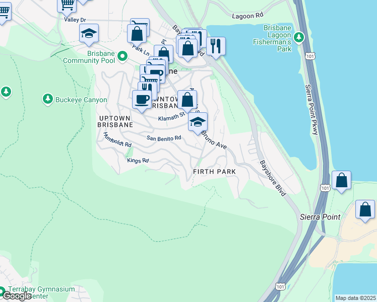 map of restaurants, bars, coffee shops, grocery stores, and more near 685 Sierra Point Road in Brisbane