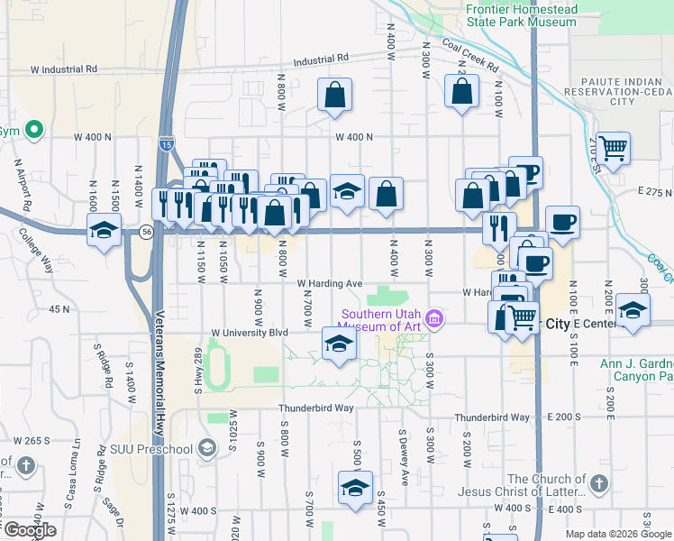 map of restaurants, bars, coffee shops, grocery stores, and more near 120 North 600 West in Cedar City