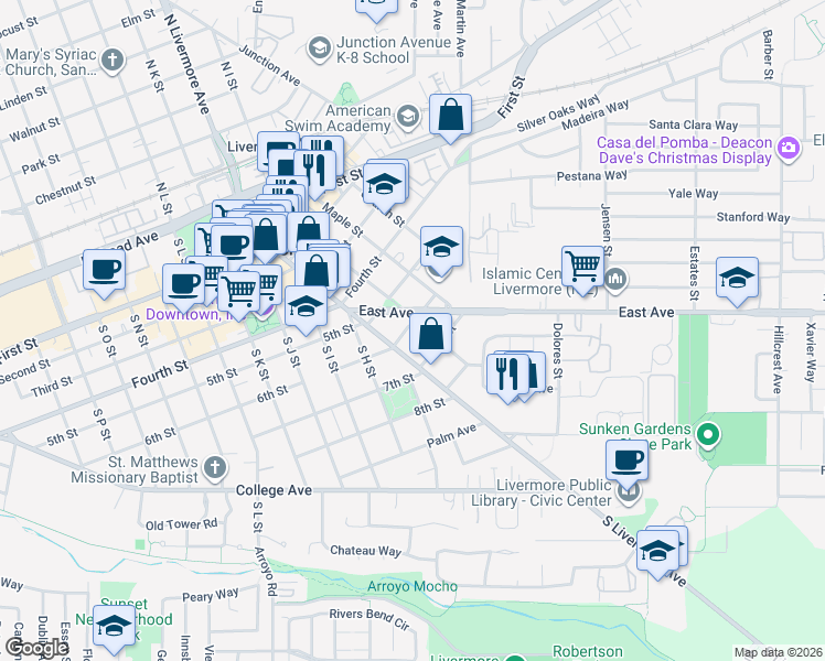 map of restaurants, bars, coffee shops, grocery stores, and more near 2668 East Avenue in Livermore