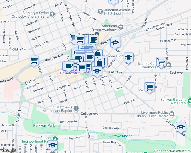 map of restaurants, bars, coffee shops, grocery stores, and more near 2235 Fourth Street in Livermore