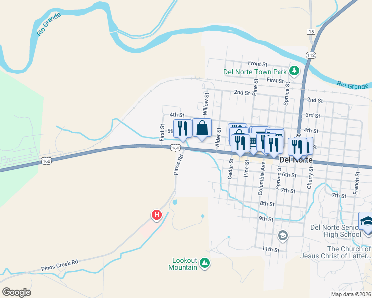 map of restaurants, bars, coffee shops, grocery stores, and more near 145 5th St in Del Norte