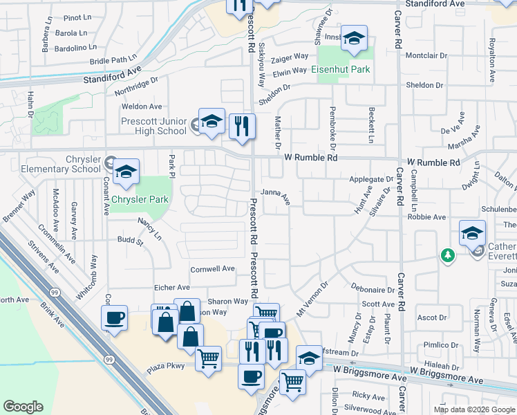 map of restaurants, bars, coffee shops, grocery stores, and more near 2616 Chester Drive in Modesto