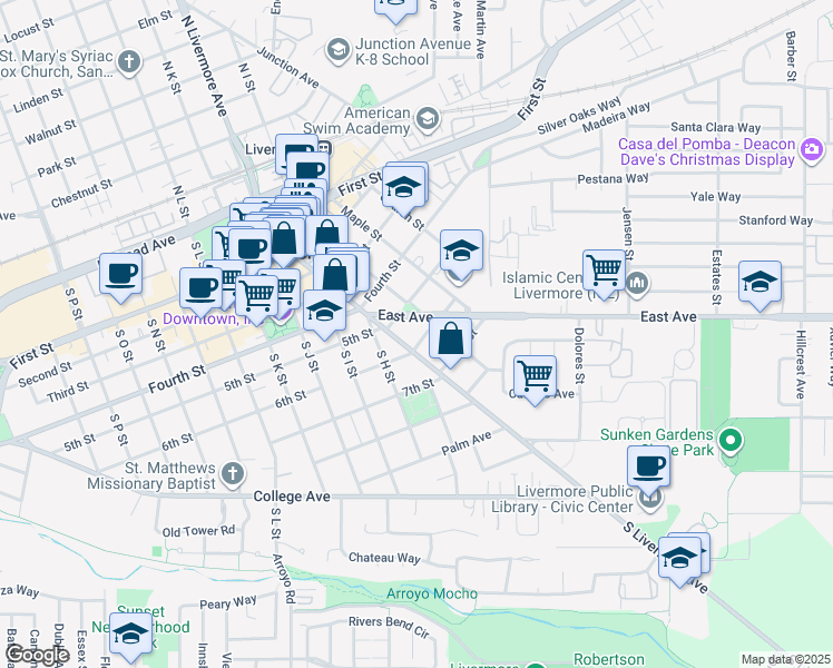 map of restaurants, bars, coffee shops, grocery stores, and more near 2557 5th Street in Livermore