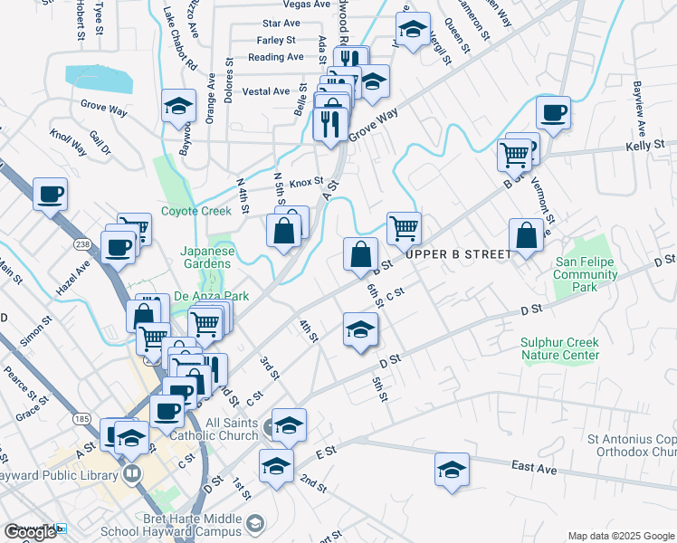 map of restaurants, bars, coffee shops, grocery stores, and more near 1528 Stafford Avenue in Hayward