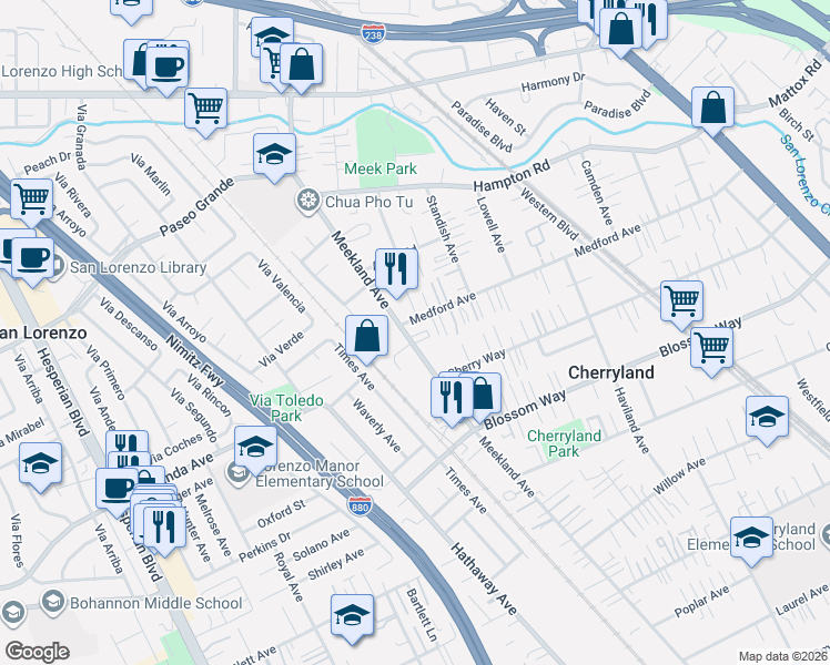 map of restaurants, bars, coffee shops, grocery stores, and more near 138 Medford Avenue in Hayward