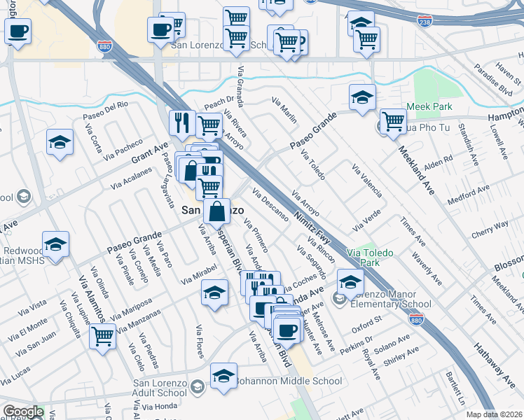 map of restaurants, bars, coffee shops, grocery stores, and more near 16043 Via Descanso in San Lorenzo