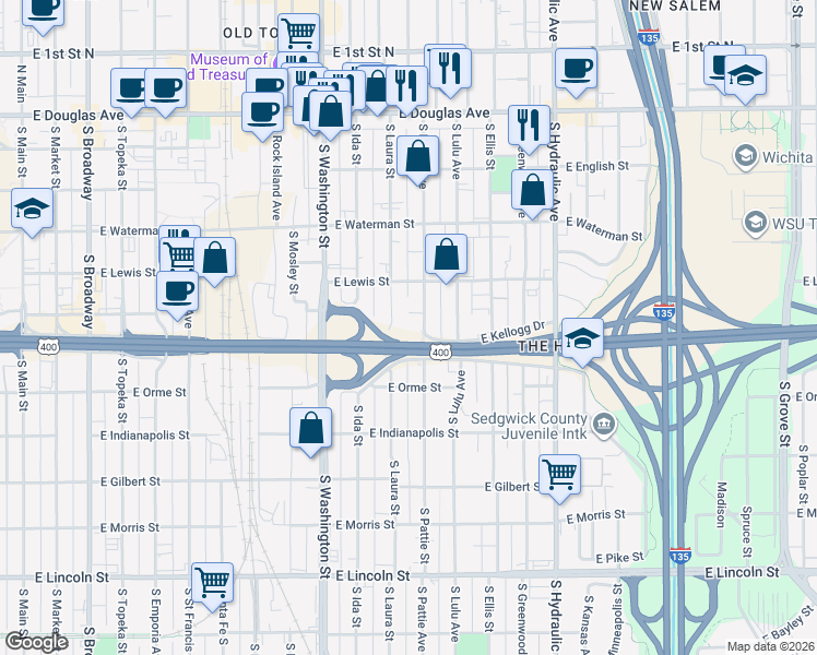 map of restaurants, bars, coffee shops, grocery stores, and more near 427 South Pattie Street in Wichita