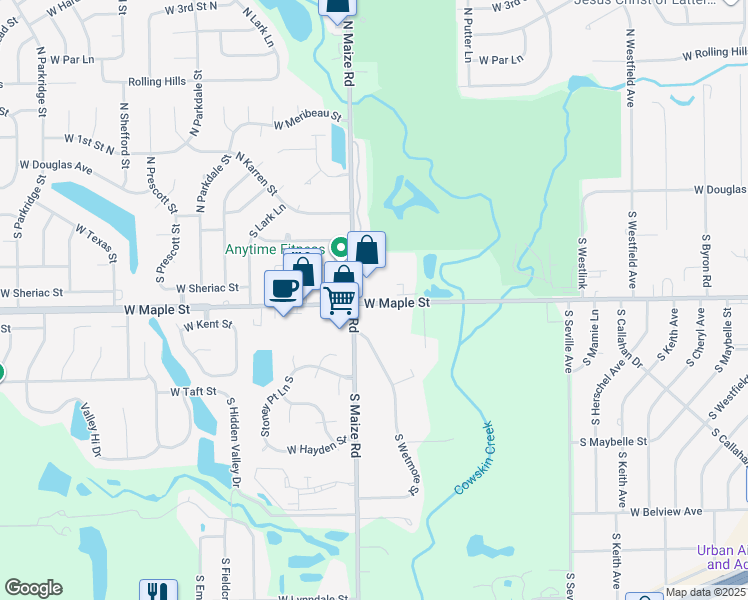 map of restaurants, bars, coffee shops, grocery stores, and more near 10300 W Maple St in Wichita