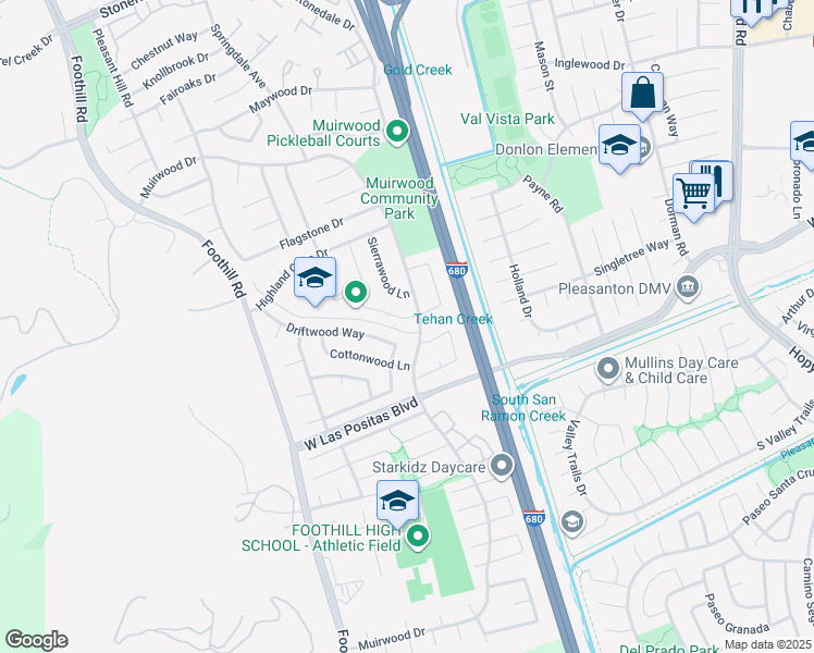map of restaurants, bars, coffee shops, grocery stores, and more near 4400 Sandalwood Drive in Pleasanton