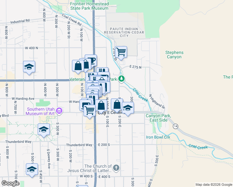 map of restaurants, bars, coffee shops, grocery stores, and more near 144 North 200 East in Cedar City