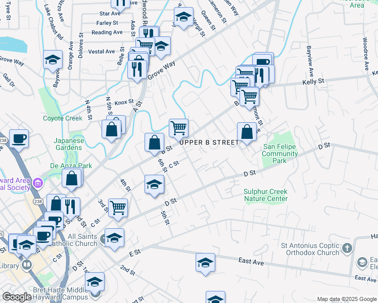 map of restaurants, bars, coffee shops, grocery stores, and more near 1711 B Street in Hayward