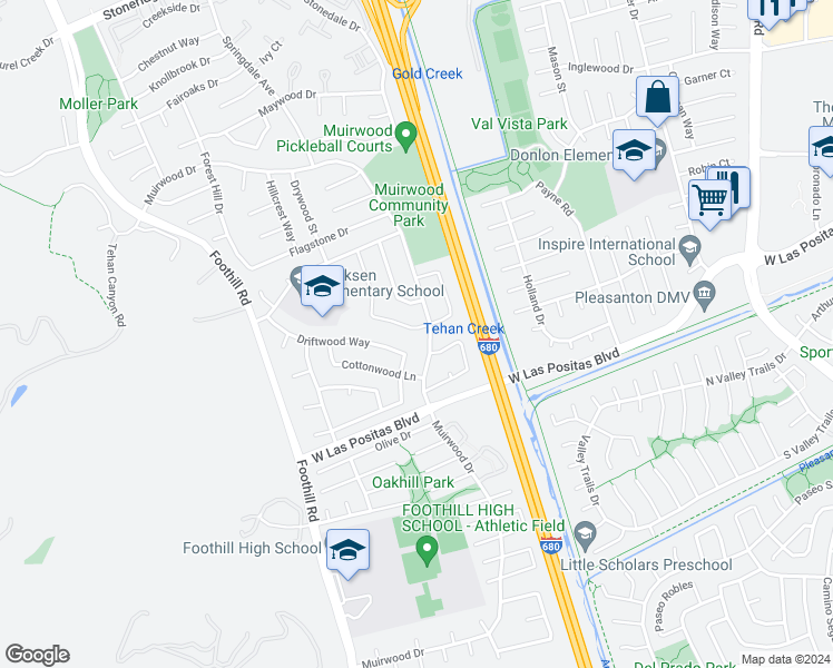 map of restaurants, bars, coffee shops, grocery stores, and more near 4400 Sandalwood Drive in Pleasanton
