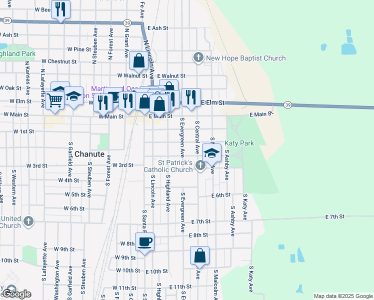 map of restaurants, bars, coffee shops, grocery stores, and more near East 2nd Street in Chanute