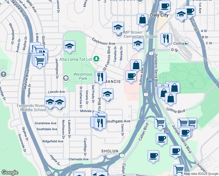 map of restaurants, bars, coffee shops, grocery stores, and more near 315 Saint Francis Boulevard in Daly City