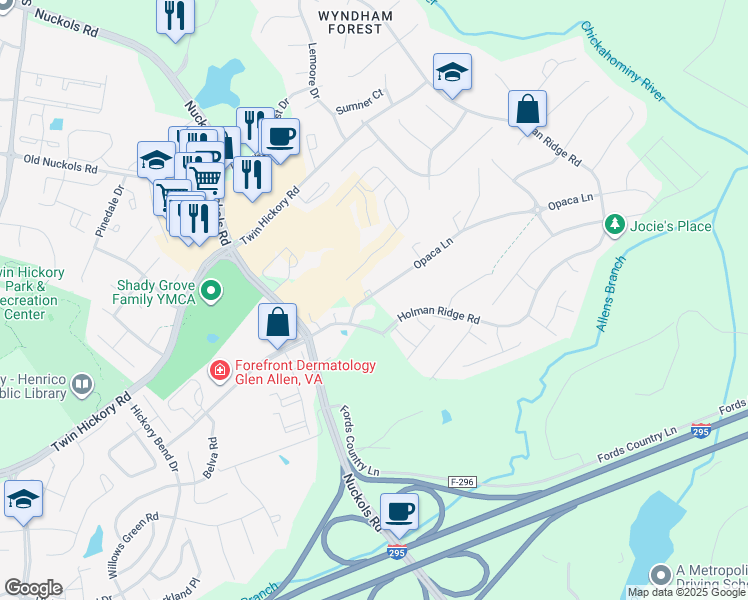 map of restaurants, bars, coffee shops, grocery stores, and more near 10941 Opaca Lane in Glen Allen