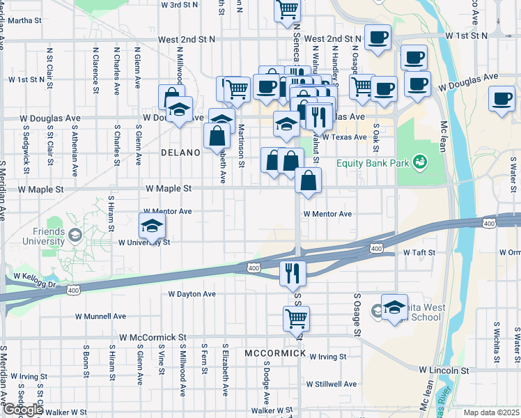 map of restaurants, bars, coffee shops, grocery stores, and more near 402 South Martinson Street in Wichita