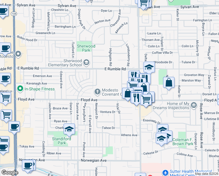 map of restaurants, bars, coffee shops, grocery stores, and more near 1037 Floyd Avenue in Modesto