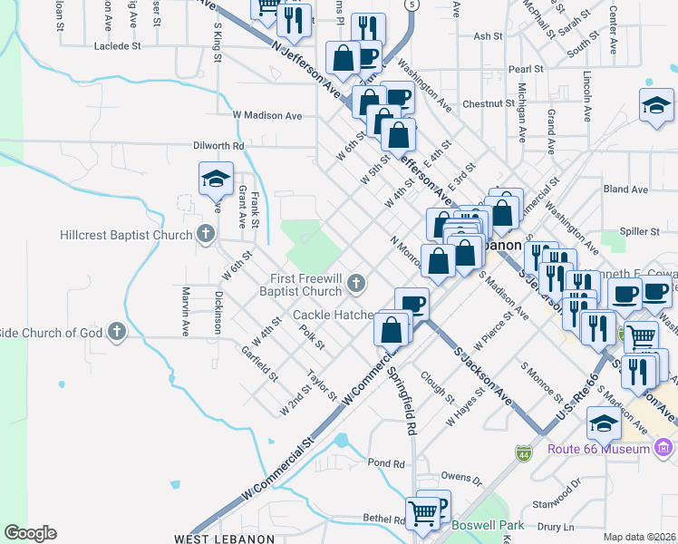 map of restaurants, bars, coffee shops, grocery stores, and more near 475 West 4th Street in Lebanon